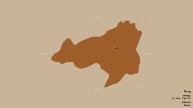 Liberya 'nın Bong ilçesi, jeoreferatlı bir sınır kutusunda sağlam bir arka planda izole edilmiş. Etiketler. Desenli dokuların bileşimi. 3B görüntüleme