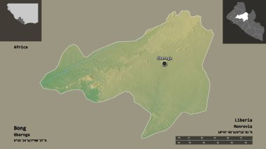Liberya vilayeti ve başkenti Bong 'un şekli. Uzaklık ölçeği, ön gösterimler ve etiketler. Topografik yardım haritası. 3B görüntüleme