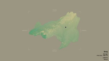Liberya 'nın Bong ilçesi, jeoreferatlı bir sınır kutusunda sağlam bir arka planda izole edilmiş. Etiketler. Topografik yardım haritası. 3B görüntüleme