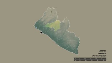 Başkenti, ana bölgesel bölümü ve ayrılan Bong bölgesiyle birlikte Liberya 'nın dejenere edilmiş şekli. Etiketler. Topografik yardım haritası. 3B görüntüleme