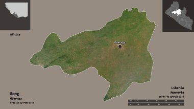 Liberya vilayeti ve başkenti Bong 'un şekli. Uzaklık ölçeği, ön gösterimler ve etiketler. Uydu görüntüleri. 3B görüntüleme