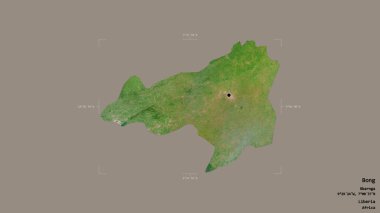 Liberya 'nın Bong ilçesi, jeoreferatlı bir sınır kutusunda sağlam bir arka planda izole edilmiş. Etiketler. Uydu görüntüleri. 3B görüntüleme