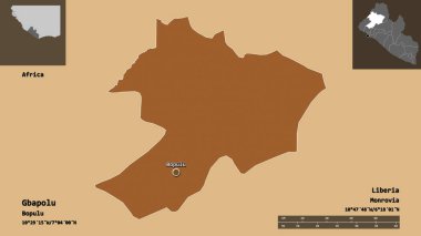 Liberya 'nın Gbapolu ilçesi ve başkenti. Uzaklık ölçeği, ön gösterimler ve etiketler. Desenli dokuların bileşimi. 3B görüntüleme