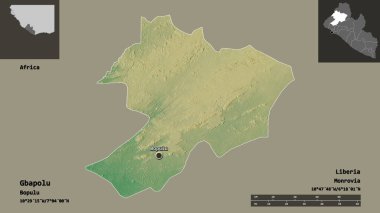 Liberya 'nın Gbapolu ilçesi ve başkenti. Uzaklık ölçeği, ön gösterimler ve etiketler. Topografik yardım haritası. 3B görüntüleme
