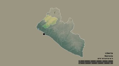 Başkenti, ana bölgesel bölümü ve ayrı Gbapolu bölgesiyle Liberya 'nın dejenere edilmiş şekli. Etiketler. Topografik yardım haritası. 3B görüntüleme