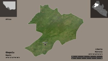 Liberya 'nın Gbapolu ilçesi ve başkenti. Uzaklık ölçeği, ön gösterimler ve etiketler. Uydu görüntüleri. 3B görüntüleme