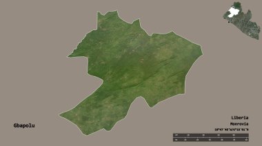 Liberya 'nın Gbapolu ilçesi, başkenti sağlam arka planda izole edilmiştir. Uzaklık ölçeği, bölge önizlemesi ve etiketleri. Uydu görüntüleri. 3B görüntüleme