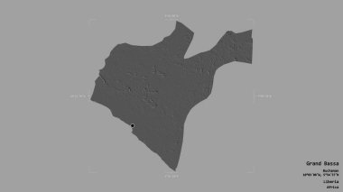 Liberya 'nın Grand Bassa ilçesi, jeoreferatlı bir sınır kutusunda sağlam bir arka planda izole edilmiş. Etiketler. Çift seviyeli yükseklik haritası. 3B görüntüleme