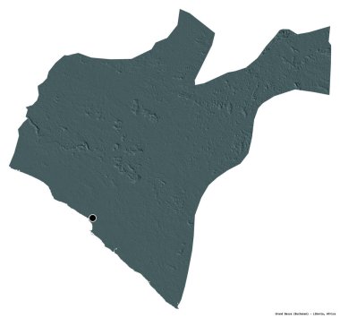 Liberya 'nın başkenti Grand Bassa' nın beyaz arka planda izole edilmiş hali. Renkli yükseklik haritası. 3B görüntüleme