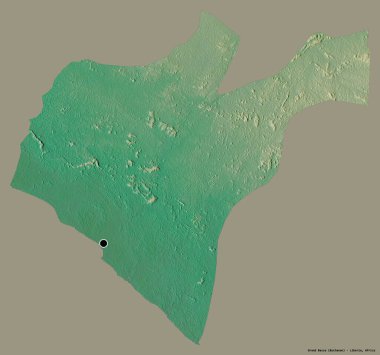 Liberya 'nın Grand Bassa ilçesi, başkenti katı renk arkaplanı ile izole edilmiştir. Topografik yardım haritası. 3B görüntüleme