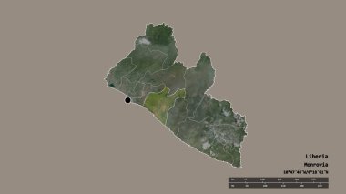 Başkenti, ana bölgesel bölümü ve ayrılan Grand Bassa bölgesi ile birlikte Liberya 'nın dejenere edilmiş şekli. Etiketler. Uydu görüntüleri. 3B görüntüleme