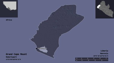 Liberya Bölgesi ve başkenti Grand Cape Mount 'ın şekli. Uzaklık ölçeği, ön gösterimler ve etiketler. Renkli yükseklik haritası. 3B görüntüleme