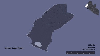 Liberya 'nın başkenti Grand Cape Mount' ın katı arka planda izole edilmiş hali. Uzaklık ölçeği, bölge önizlemesi ve etiketleri. Renkli yükseklik haritası. 3B görüntüleme