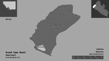Liberya Bölgesi ve başkenti Grand Cape Mount 'ın şekli. Uzaklık ölçeği, ön gösterimler ve etiketler. Çift seviyeli yükseklik haritası. 3B görüntüleme