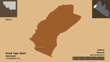 Liberya Bölgesi ve başkenti Grand Cape Mount 'ın şekli. Uzaklık ölçeği, ön gösterimler ve etiketler. Desenli dokuların bileşimi. 3B görüntüleme