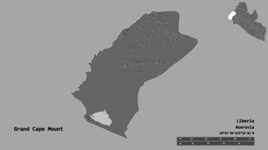 Liberya 'nın başkenti Grand Cape Mount' ın katı arka planda izole edilmiş hali. Uzaklık ölçeği, bölge önizlemesi ve etiketleri. Çift seviyeli yükseklik haritası. 3B görüntüleme