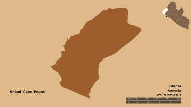 Liberya 'nın başkenti Grand Cape Mount' ın katı arka planda izole edilmiş hali. Uzaklık ölçeği, bölge önizlemesi ve etiketleri. Desenli dokuların bileşimi. 3B görüntüleme