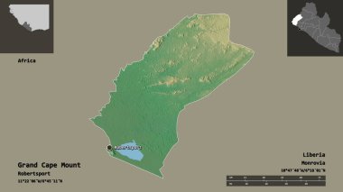 Liberya Bölgesi ve başkenti Grand Cape Mount 'ın şekli. Uzaklık ölçeği, ön gösterimler ve etiketler. Topografik yardım haritası. 3B görüntüleme