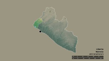 Başkenti, ana bölgesel bölümü ve ayrılan Grand Cape Mount bölgesiyle birlikte Liberya 'nın deforme edilmiş şekli. Etiketler. Topografik yardım haritası. 3B görüntüleme