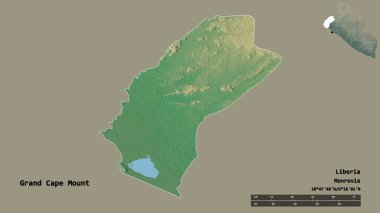 Liberya 'nın başkenti Grand Cape Mount' ın katı arka planda izole edilmiş hali. Uzaklık ölçeği, bölge önizlemesi ve etiketleri. Topografik yardım haritası. 3B görüntüleme
