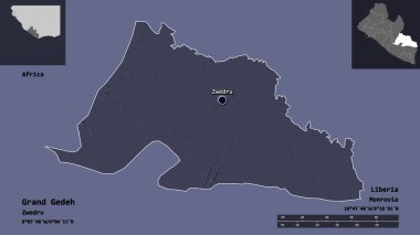 Grand Gedeh 'in şekli, Liberya vilayeti ve başkenti. Uzaklık ölçeği, ön gösterimler ve etiketler. Renkli yükseklik haritası. 3B görüntüleme