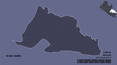 Liberya 'nın başkenti Grand Gedeh' in katı arka planda izole edilmiş hali. Uzaklık ölçeği, bölge önizlemesi ve etiketleri. Renkli yükseklik haritası. 3B görüntüleme