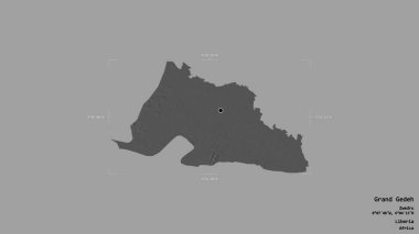 Liberya 'nın Grand Gedeh ilçesi, jeoreferatlı bir sınır kutusunda sağlam bir arka planda izole edilmiş. Etiketler. Çift seviyeli yükseklik haritası. 3B görüntüleme