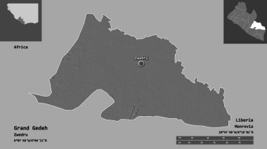 Grand Gedeh 'in şekli, Liberya vilayeti ve başkenti. Uzaklık ölçeği, ön gösterimler ve etiketler. Çift seviyeli yükseklik haritası. 3B görüntüleme