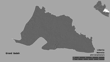 Liberya 'nın başkenti Grand Gedeh' in katı arka planda izole edilmiş hali. Uzaklık ölçeği, bölge önizlemesi ve etiketleri. Çift seviyeli yükseklik haritası. 3B görüntüleme