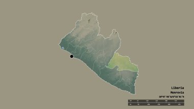 Başkenti, ana bölgesel bölümü ve ayrılmış Grand Gedeh bölgesiyle Liberya 'nın deforme edilmiş şekli. Etiketler. Topografik yardım haritası. 3B görüntüleme
