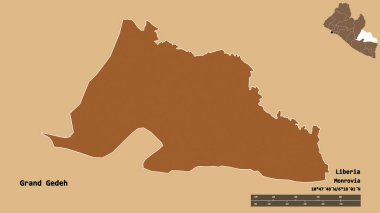 Liberya 'nın başkenti Grand Gedeh' in katı arka planda izole edilmiş hali. Uzaklık ölçeği, bölge önizlemesi ve etiketleri. Desenli dokuların bileşimi. 3B görüntüleme