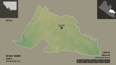 Grand Gedeh 'in şekli, Liberya vilayeti ve başkenti. Uzaklık ölçeği, ön gösterimler ve etiketler. Topografik yardım haritası. 3B görüntüleme