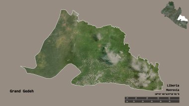 Liberya 'nın başkenti Grand Gedeh' in katı arka planda izole edilmiş hali. Uzaklık ölçeği, bölge önizlemesi ve etiketleri. Uydu görüntüleri. 3B görüntüleme