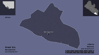 Liberya ve başkenti Grand Kru 'nun şekli. Uzaklık ölçeği, ön gösterimler ve etiketler. Renkli yükseklik haritası. 3B görüntüleme
