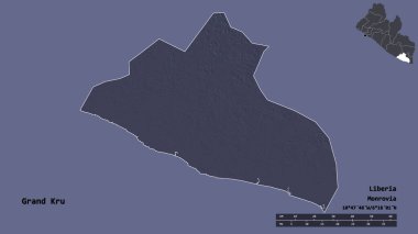 Liberya 'nın başkenti Grand Kru' nun katı arka planda izole edilmiş hali. Uzaklık ölçeği, bölge önizlemesi ve etiketleri. Renkli yükseklik haritası. 3B görüntüleme