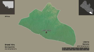 Liberya ve başkenti Grand Kru 'nun şekli. Uzaklık ölçeği, ön gösterimler ve etiketler. Topografik yardım haritası. 3B görüntüleme
