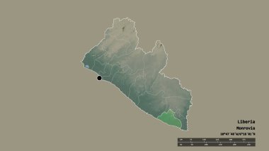 Başkenti, ana bölgesel bölümü ve bölünmüş Grand Kru bölgesiyle birlikte Liberya 'nın dejenere edilmiş şekli. Etiketler. Topografik yardım haritası. 3B görüntüleme