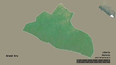 Liberya 'nın başkenti Grand Kru' nun katı arka planda izole edilmiş hali. Uzaklık ölçeği, bölge önizlemesi ve etiketleri. Topografik yardım haritası. 3B görüntüleme