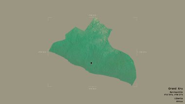 Liberya 'nın Grand Kru bölgesi, katı bir arka planda izole edilmiş bir sınır kutusunda. Etiketler. Topografik yardım haritası. 3B görüntüleme