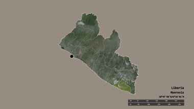 Başkenti, ana bölgesel bölümü ve bölünmüş Grand Kru bölgesiyle birlikte Liberya 'nın dejenere edilmiş şekli. Etiketler. Uydu görüntüleri. 3B görüntüleme