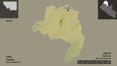 Liberya 'nın Lofa ilçesi ve başkenti. Uzaklık ölçeği, ön gösterimler ve etiketler. Topografik yardım haritası. 3B görüntüleme