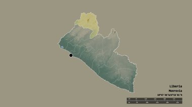 Başkenti, ana bölgesel bölümü ve ayrılmış Lofa bölgesi ile Liberya 'nın dejenere edilmiş şekli. Etiketler. Topografik yardım haritası. 3B görüntüleme