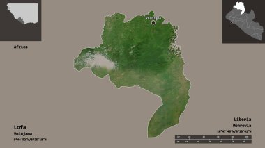Liberya 'nın Lofa ilçesi ve başkenti. Uzaklık ölçeği, ön gösterimler ve etiketler. Uydu görüntüleri. 3B görüntüleme