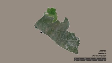 Başkenti, ana bölgesel bölümü ve ayrılmış Lofa bölgesi ile Liberya 'nın dejenere edilmiş şekli. Etiketler. Uydu görüntüleri. 3B görüntüleme