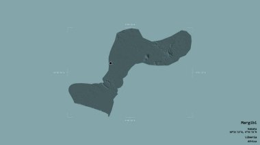 Liberya 'nın Margibi ilçesi bir jeoreferatlı sınır kutusunda sağlam bir arka planda izole edilmiş. Etiketler. Renkli yükseklik haritası. 3B görüntüleme