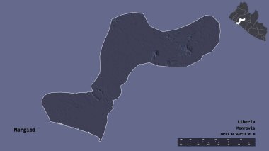 Liberya 'nın Margibi ilçesi, başkenti sağlam bir zemin üzerinde izole edilmiştir. Uzaklık ölçeği, bölge önizlemesi ve etiketleri. Renkli yükseklik haritası. 3B görüntüleme