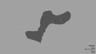 Liberya 'nın Margibi ilçesi bir jeoreferatlı sınır kutusunda sağlam bir arka planda izole edilmiş. Etiketler. Çift seviyeli yükseklik haritası. 3B görüntüleme