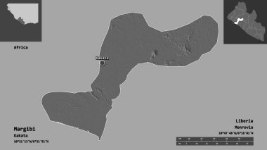 Liberya ve başkenti Margibi 'nin şekli. Uzaklık ölçeği, ön gösterimler ve etiketler. Çift seviyeli yükseklik haritası. 3B görüntüleme