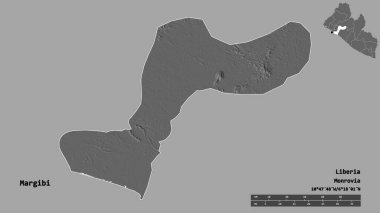 Liberya 'nın Margibi ilçesi, başkenti sağlam bir zemin üzerinde izole edilmiştir. Uzaklık ölçeği, bölge önizlemesi ve etiketleri. Çift seviyeli yükseklik haritası. 3B görüntüleme