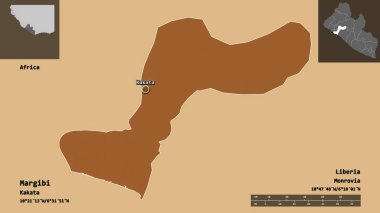 Liberya ve başkenti Margibi 'nin şekli. Uzaklık ölçeği, ön gösterimler ve etiketler. Desenli dokuların bileşimi. 3B görüntüleme